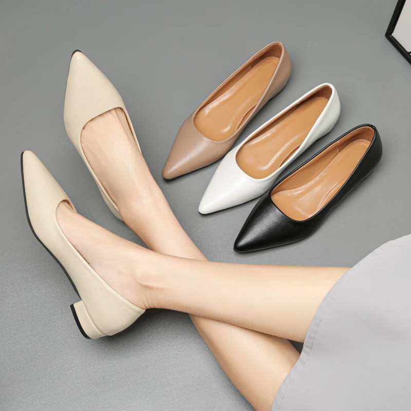 New Pointed Toe Shallow Mouth Square Heel Small Leather Shoes Women\'s Elegant Fashion High Heels Dress Shoes Zapatos Mujer