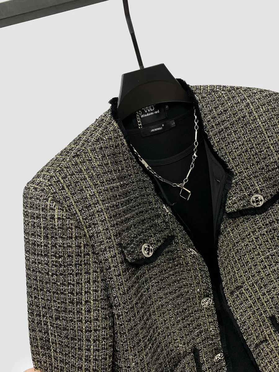 2025 Autumn Style Woven Shiny Silk Frayed Round Neck Jacket for Handsome Boys Korean Ins Trendy Design Loose Short Jacket