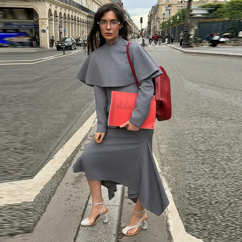 Schalkragen Elegantes Outfit Cape Damenanzug Asymmetrischer Meerjungfrauen-Dreiteiler Langer Rock Büro Damen Graue Anzüge 2026 Herbst – Detail 9