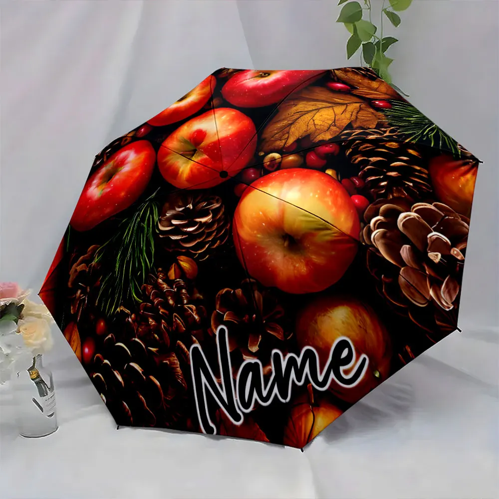 Custom Name Autumn-themed umbrella with apples and pine cones Print 8 Iron Ribs Folding Umbrella, Auto-Open Fashion Sunshade