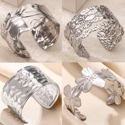Stainless Steel Bangle for Women Vintage Silvery Color Wide Opening Cuff Bracelet Bangles Fashion Waterproof Jewelry Gift