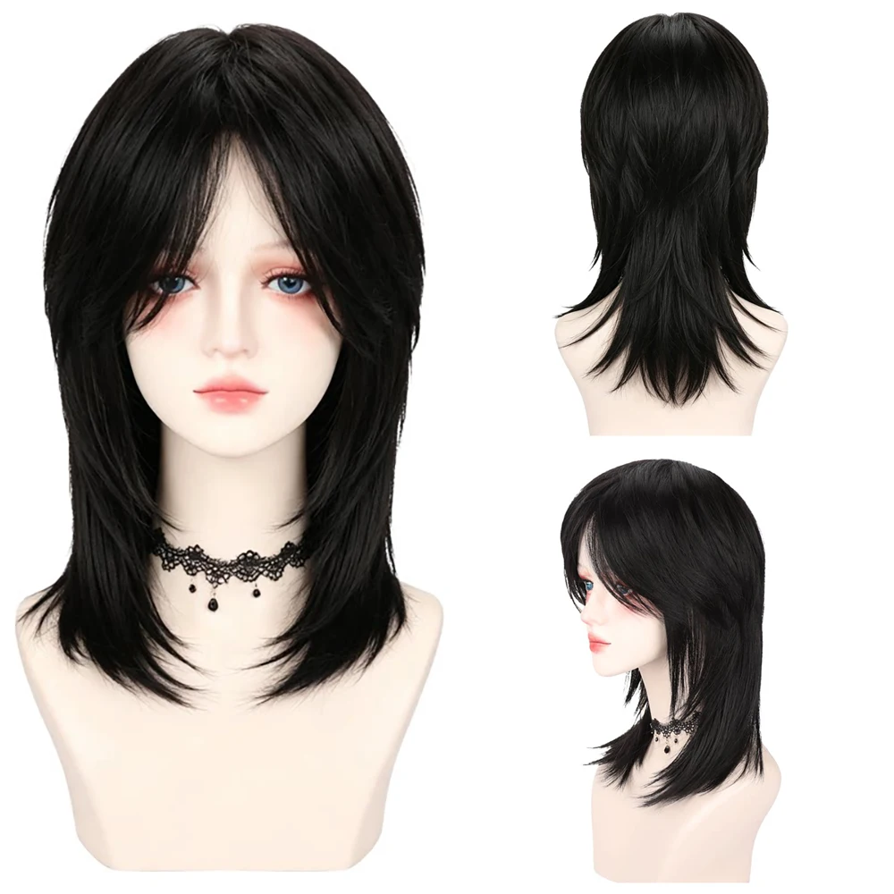 Anime Cosplay Mullet Wig For Men Women Natural Black Medium Length Wolf Tail Hair Fluffy Layered Heat Resistant Party Costume
