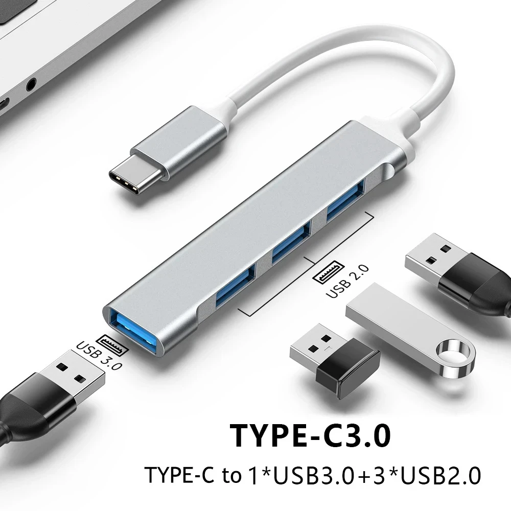 Mini USB Type C Hub 4Port Adapter USB3.1Multi Splitter 4in1 Docking Station UltraSlim SuperSpeed Aluminum For Computer Laptop PC