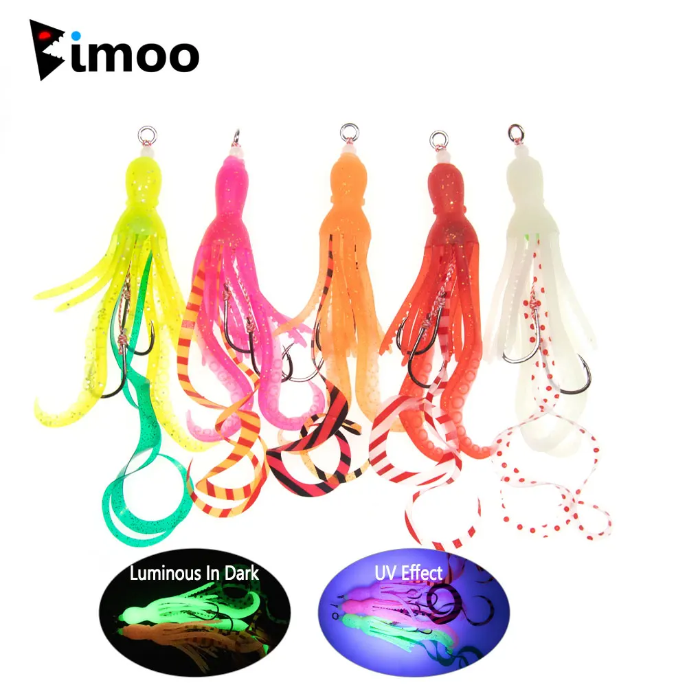 Bimoo 2 stks Jig Assist Haak 9.5 cm Lichtgevende Zachte Octopus Rok Lokken Zoutwater Dubbele Haak Inchiku Vishaken Lokken Vissen Swimbait