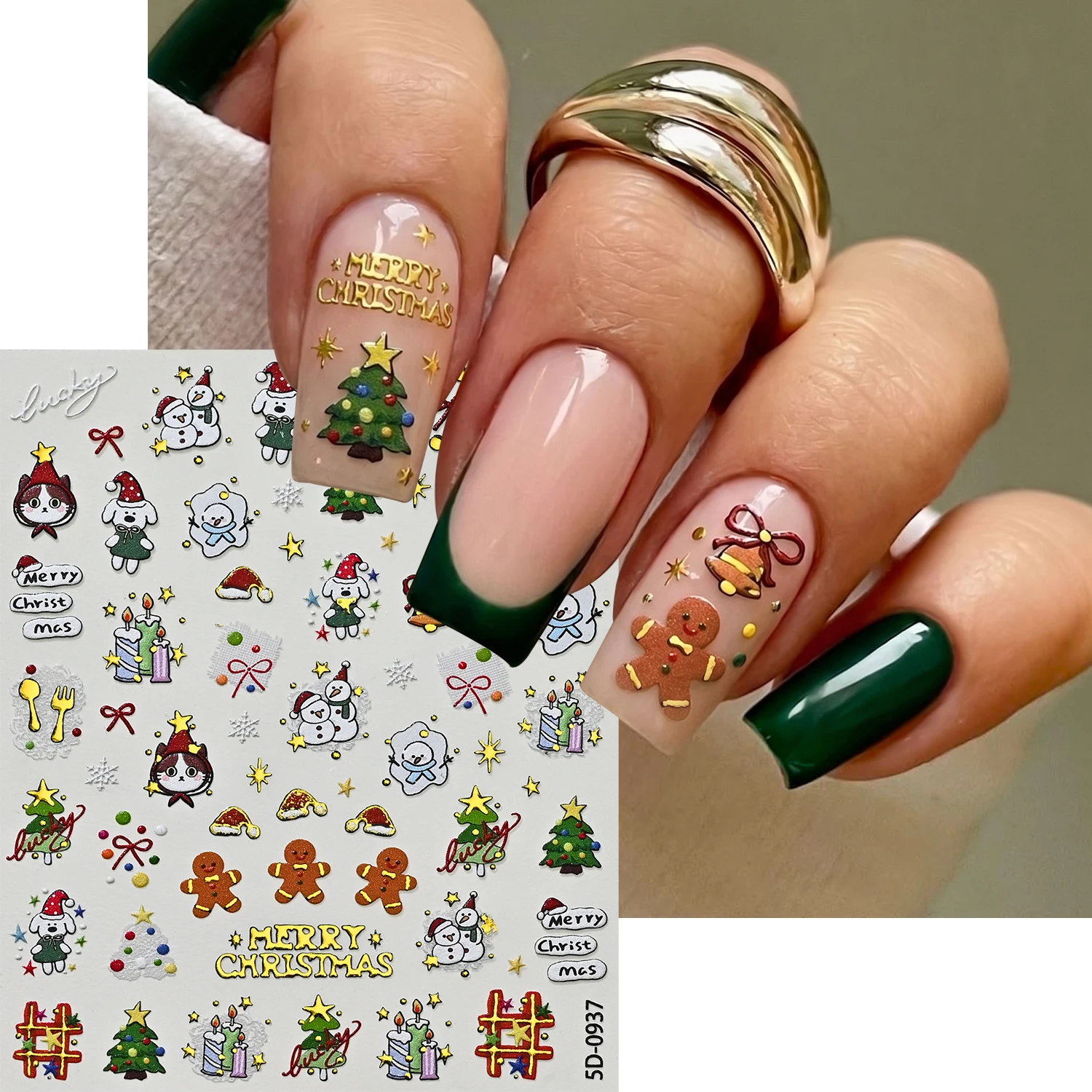 1Pcs 5D Embossed Christmas Nail Stickers Cartoon Dog Cat Gingerbread Man Xmas Tree Nails Decals for Winter Daily Manicure Decor
