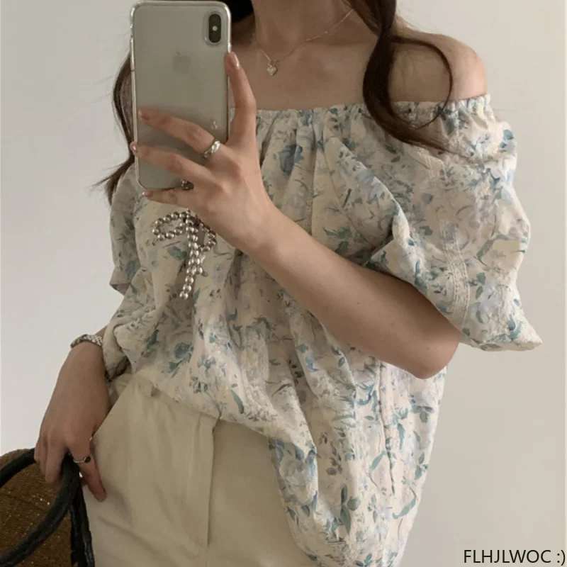 Off Shoulder Tops Blouses Hot Sales Cute Sweet Girls Japan Style Flower Print Loose Casual Bow Tie Embroidery Loose Shirt Top