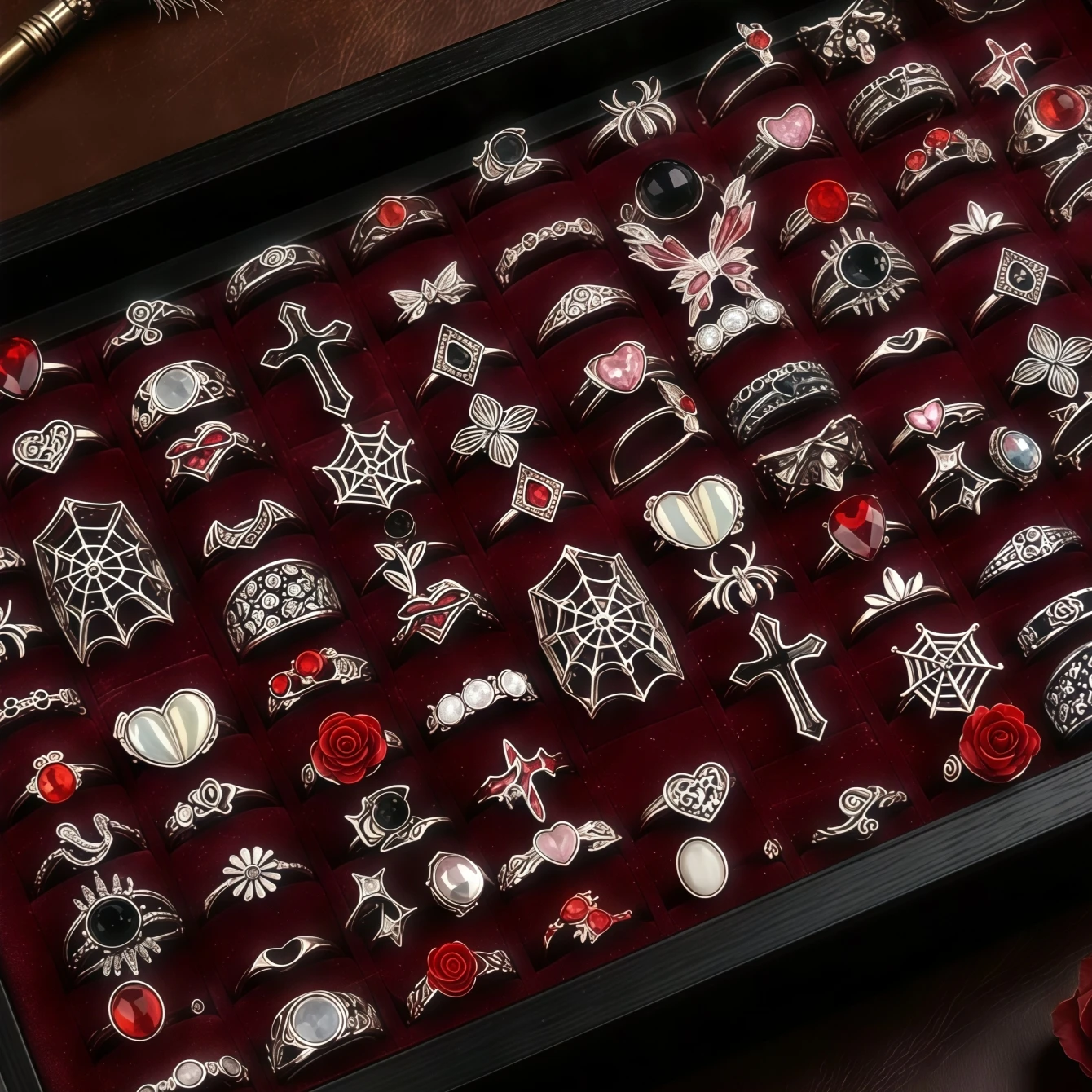 10/15/20/30/50/100Pieces Vintage Punk Halloween Rings Set For Women Mix Style Flowers Heart Spider Jewelry Party Gifts