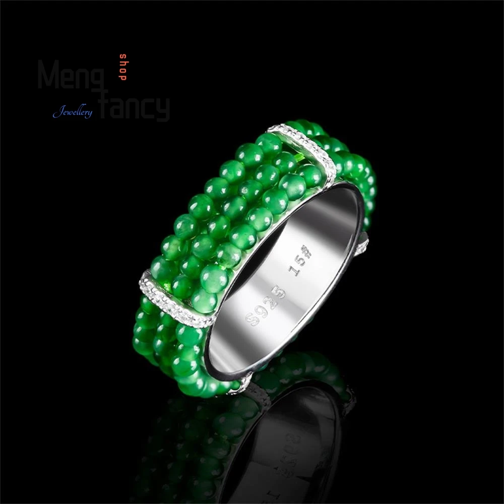 

Genuine S925 Silver Inlaid Natural A-goods Jadeite Yang Green Millet Beads Ice Jade Ring Couple Fashion High-grade Fine Jewelry