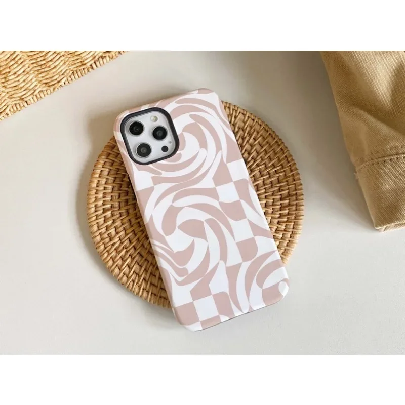 Khaki Checkerboard Swirl Phone Case For IPHONE 16 15PRO MAX 14 13 12 11 Acrylic TPU Two in one magnetic Phone Cases