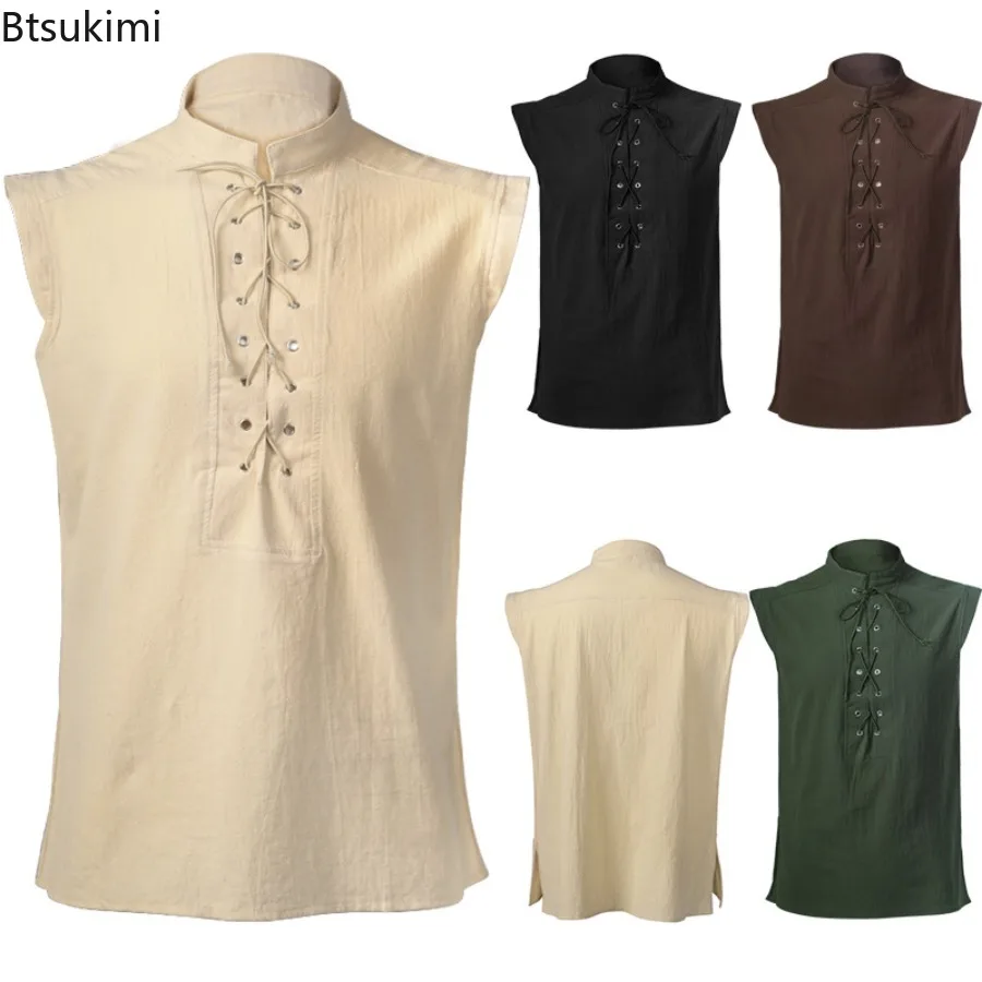 Nueva Camiseta sin Mangas para Hombre 2026, Ropa Medieval, Camisa sin Mangas con Cuello Alto y Lazos, Chaleco, Moda Gótica, Playeras para Hombres