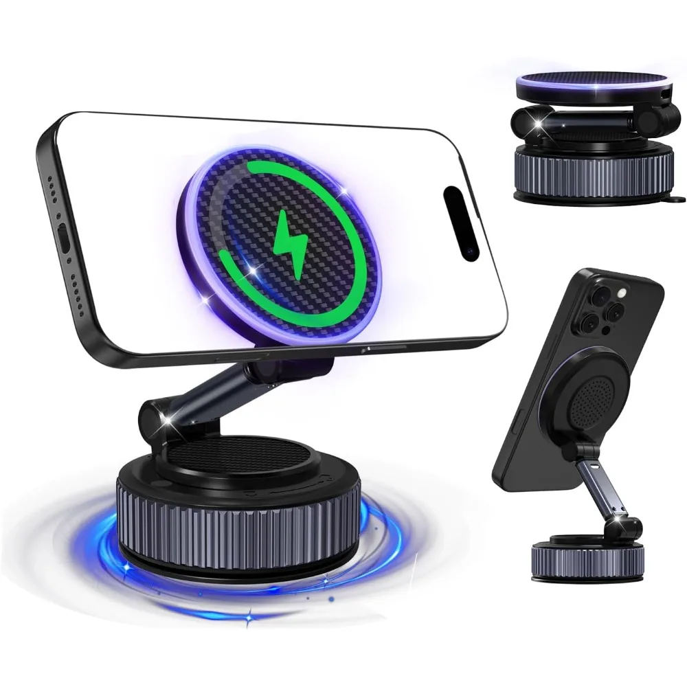 

magnetic phone charging holder for car - upgraded 360° vacuum magnetic phone holder, foldable retractable suction cup car phone