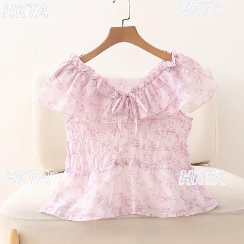 

Japanese Style Cool Breathable Fungus V neck Ruffle Edge Flying Sleeves Chiffon Shirt Women Sweet Cute Blue Flower Handle Blusas