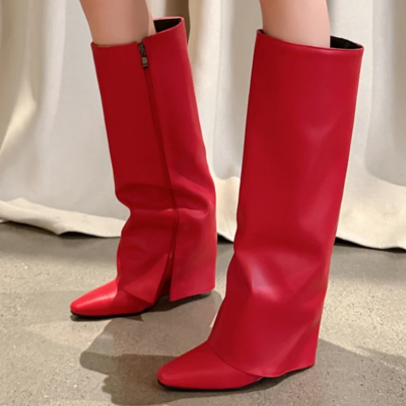 Black White Red Knee High Boots Women Wedge Fold Turned-Over Edge Winter Autumn Long Boot PU Dance Party Shoes Large Size 45