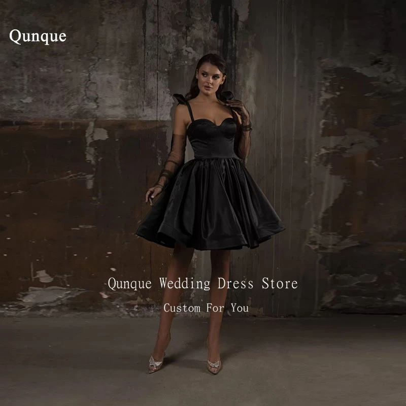 

Qunque Black Satin Homecoming Dresses Bow Straps Sweetheart Short A Line Prom Dresses Lace Up Back Cocktail Dresses Customized