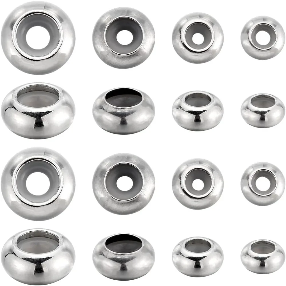 

48Pcs Stainless Steel Slider Beads 4 Sizes Ending Beads with Rubber O Rings Inside Rondelle Bead Ends Round Silicone Spacer