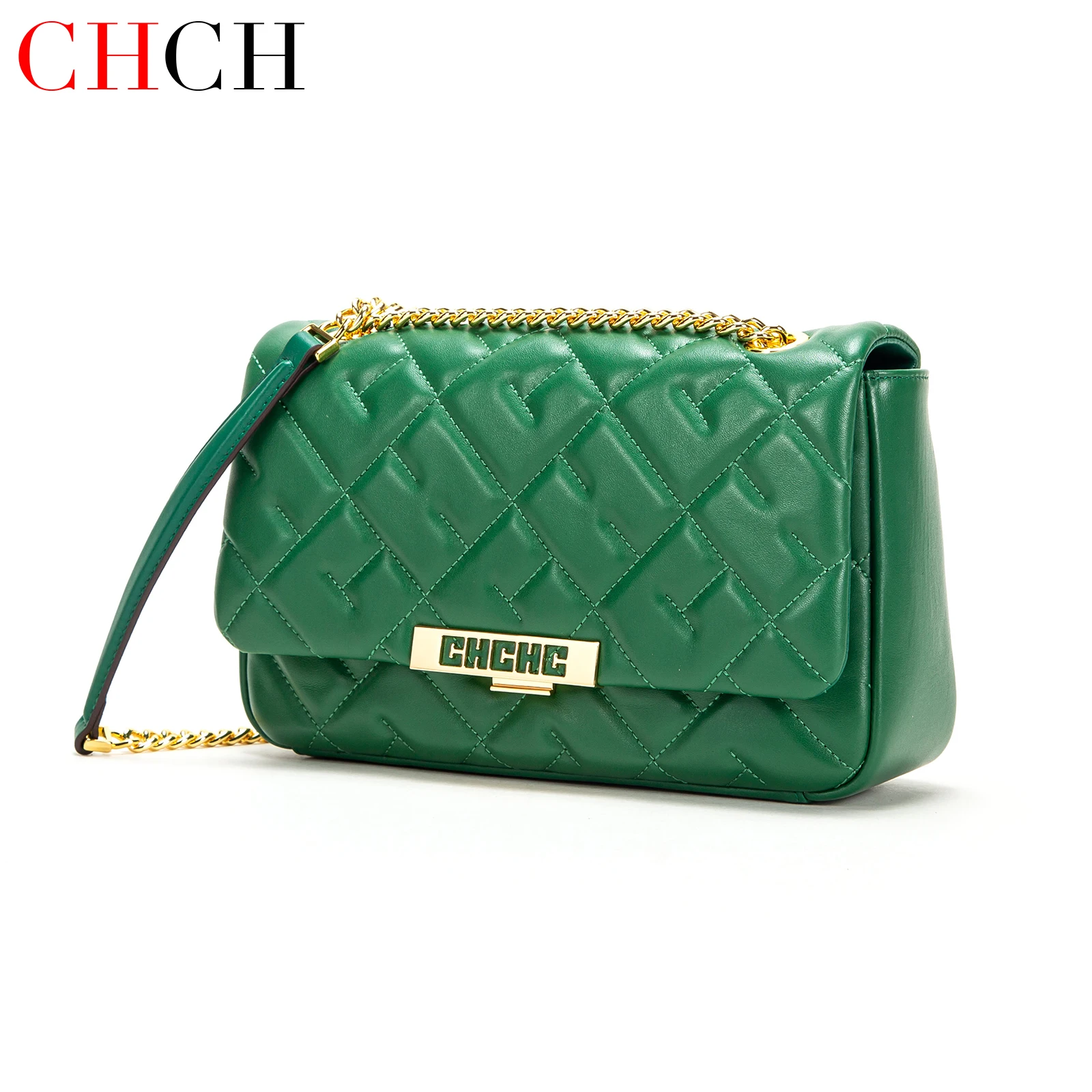 CHCH Green Lambskin Leather Flap Chain Shoulder Bag, Stitched Detail Women Crossbody Handbag Purse