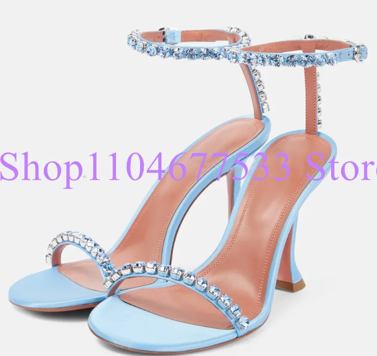 Blue Color Crystal Lady Sandals Fashion Rhinestone Thin Heel Woman Gladiator Sandals Female Dress Party High Heels Pumps Shoes