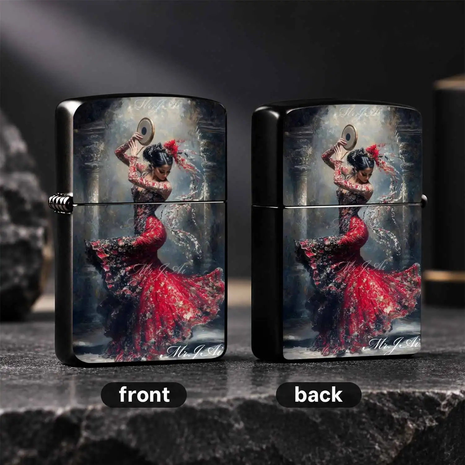 Flamenco Dancer Tambourine Oil Painting Style Lighter, Vintage Artistic Red Dancing Lady Aesthetic Decor, Portable Daily Carry Essential, Exquisite Full Scene Use Gift For Friends Art Lovers, Unique Desktop Display Ornament A Humorous And I