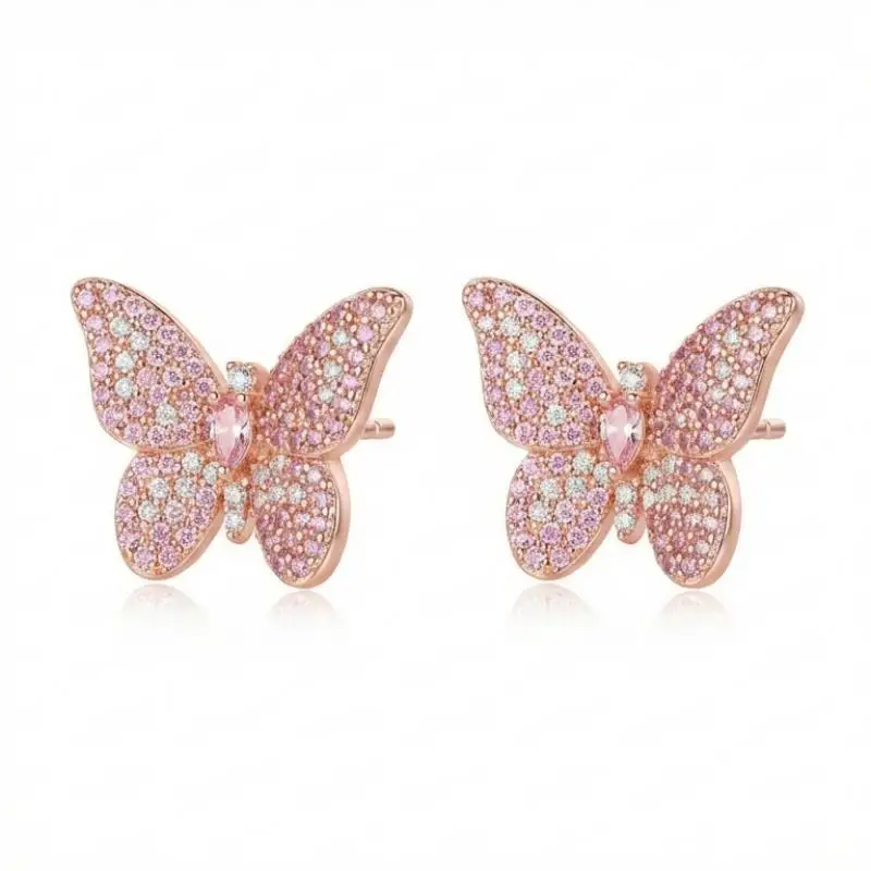 

MURMUR Luxury Pink Butterfly Stud Earrings Full Pave Zircon Shiny Bling Elegant Women Jewelry