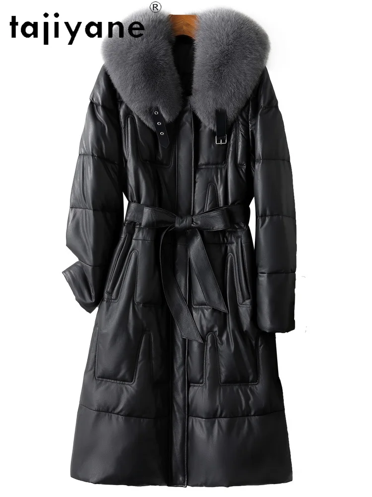 TAJIYANE الأبيض أوزة أسفل الجلد الحقيقي سترة منفوخة النساء 100% جلد الغنم طويل أسفل معاطف الثعلب الفراء طوق الملابس الشتوية 2025