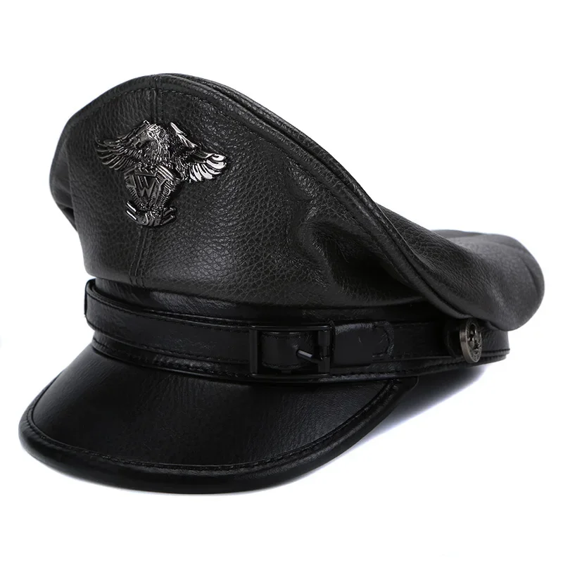 2024 Retro German Military Caps For Men Male Genuine Leather Flat Top Hats European American Captain Locomotive Chapeau