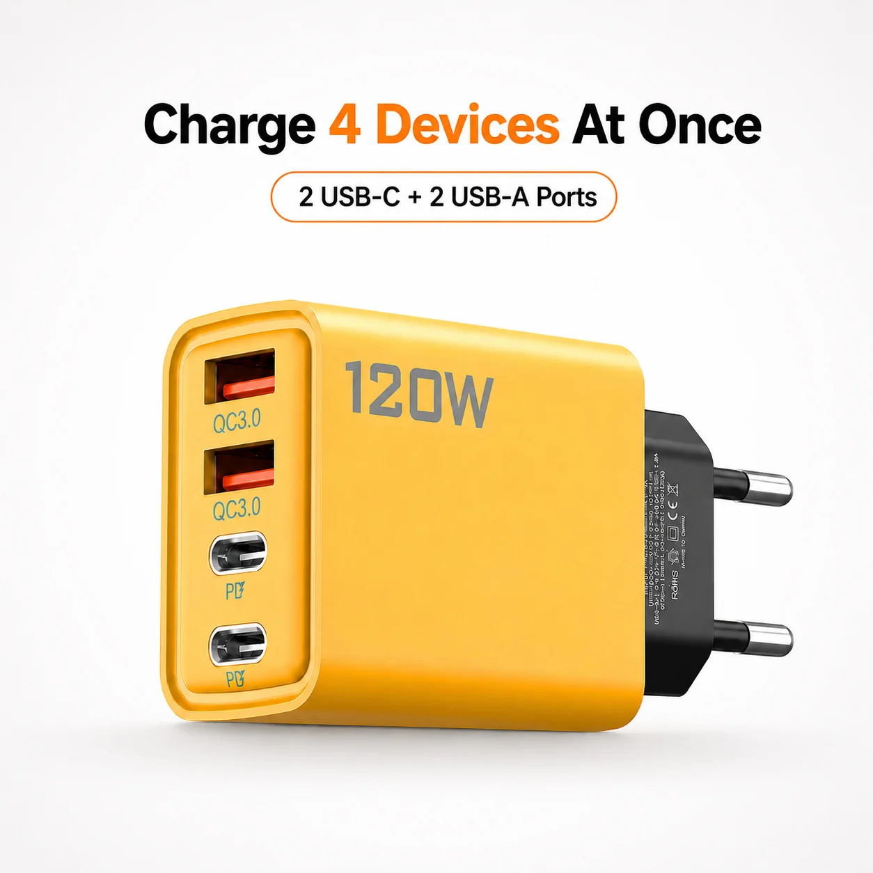 120W USB C Charger 4-Port Fast Charging, Dual PD + QC for iPhone, Samsung, Xiaomi, Huawei, iPad, Multi-Device Wall Charger EU