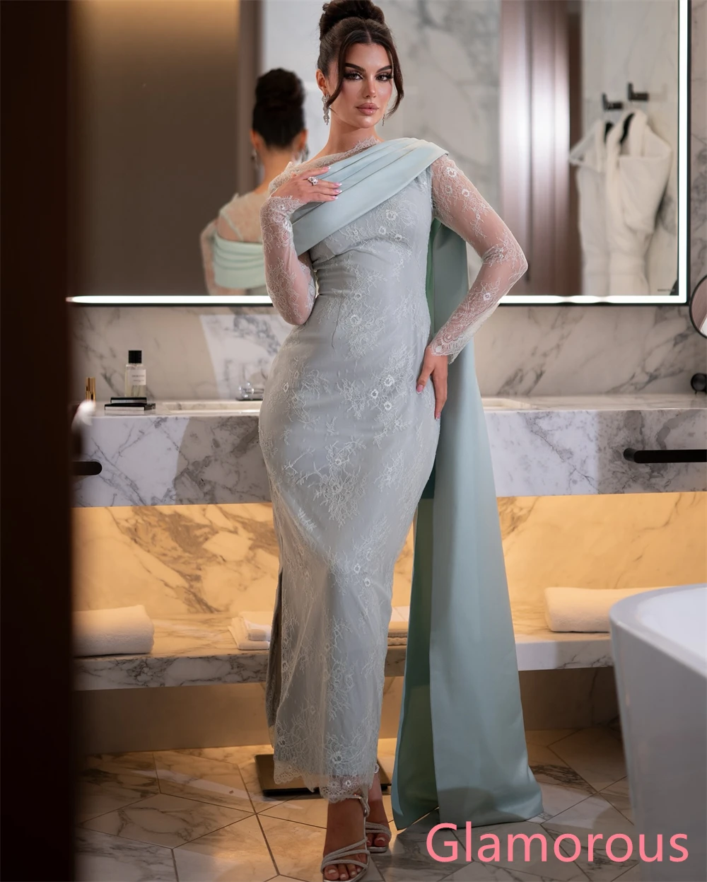 Aangepaste hoge kwaliteit blauwe satijnen avondjurk O-hals lange mouwen celebrity jassen homecoming jurk kant temperament modern