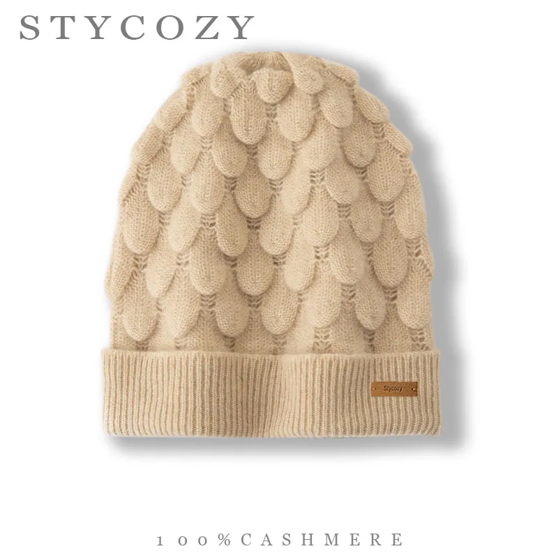 100%Cashmere Women 3D Fish Scale Textured Knit Beanie Ribbed Cuff Thick Warm Winter Hat Outdoor Cold Resistant Ladies Skull Cap