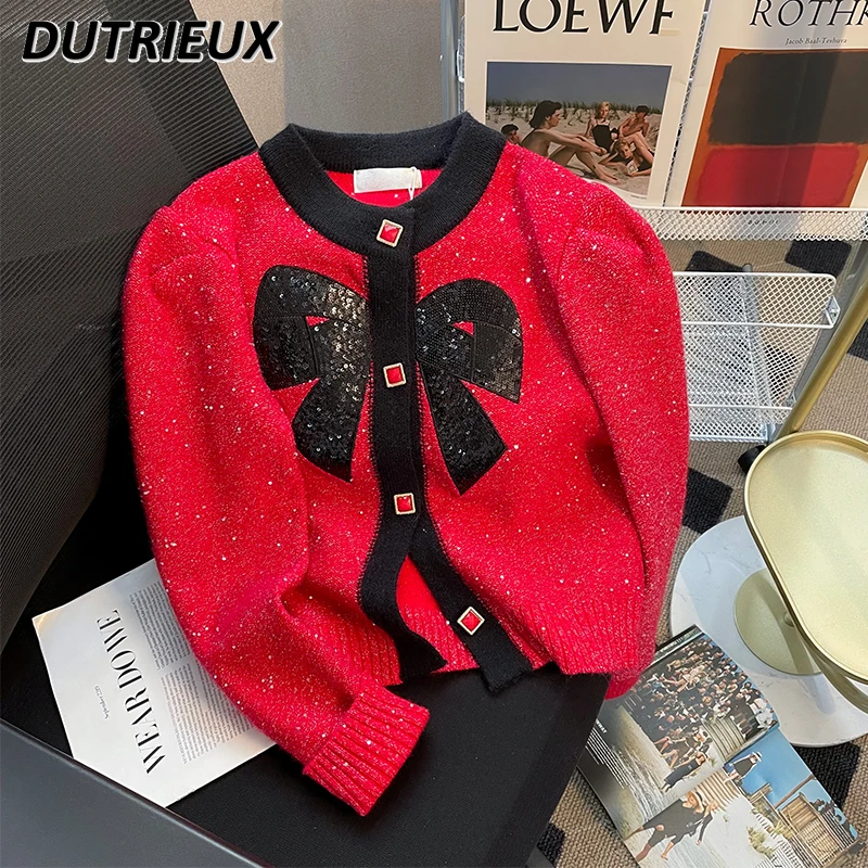 

Lolita Sweet Bow Long Sleeve Color Stitching Knitted Cardigan Women Autumn Winter New Korean Temperamental Sequined Sweater Coat