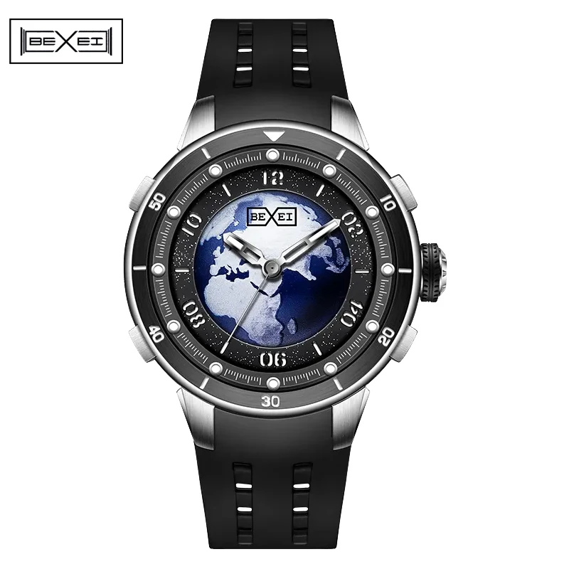 Bexei 9197 ساعة أوتوماتيكية للرجال مقاومة للماء ساعات ميكانيكية مضيئة ذاتية الرياح للرجال سلسلة كوكب أزرق ساعة يد من الياقوت #1