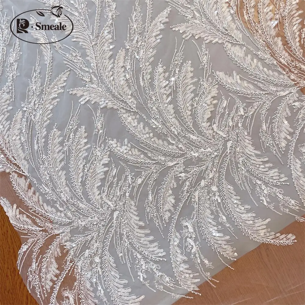 Weißes Fischschwanz-Kleidungs stück, Feder flügel, Perlen Porzellan, DIY Hochzeits kleid Stickerei, Spitzen zubehör, 130x30cm – Detail 2