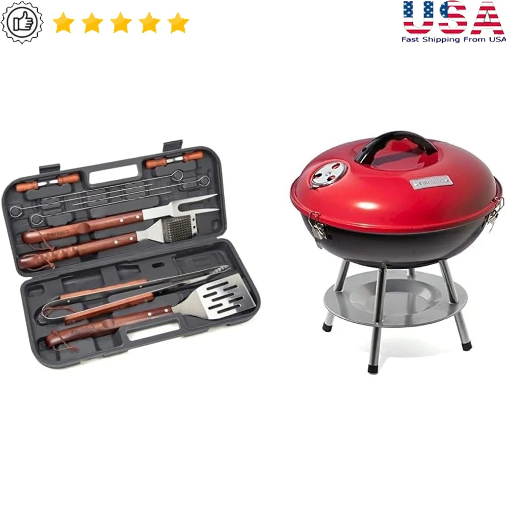 

Portable Charcoal Grill with Chrome Plated Grate Dual Venting System and 13-Piece Wooden Handle Tool Set Outdoor BBQ