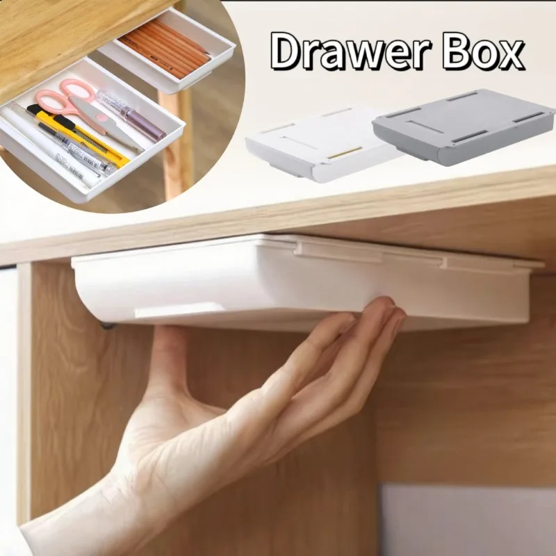 Caja de almacenamiento oculta, cajón de almacenamiento de escritorio, soporte de almacenamiento de mesa de plástico autoadhesivo, organizador de papelería y cosméticos para artículos diversos simples