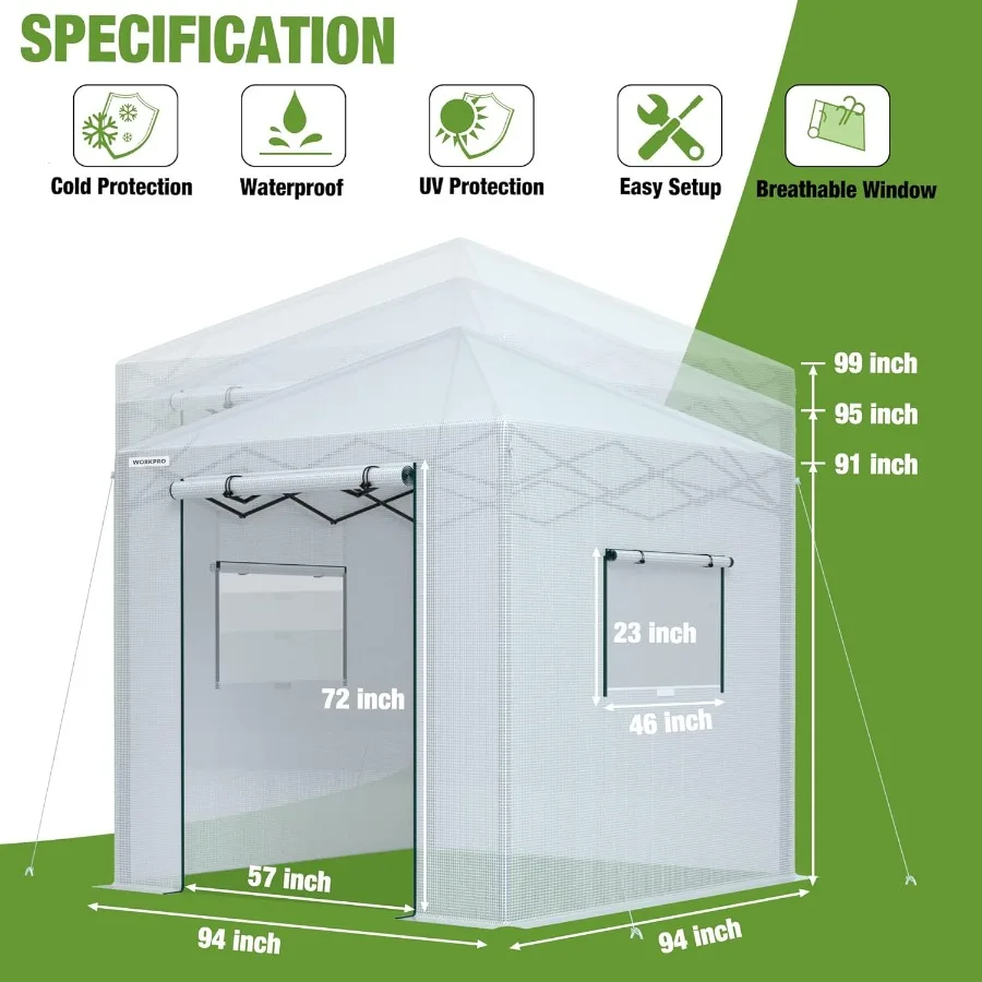 WORKPRO Greenhouse 94 x 94 x 99 الدفيئة المنبثقة للاستخدام في الهواء الطلق منزل البستنة شديد التحمل مع غطاء PE قوي دخول قابل للطي