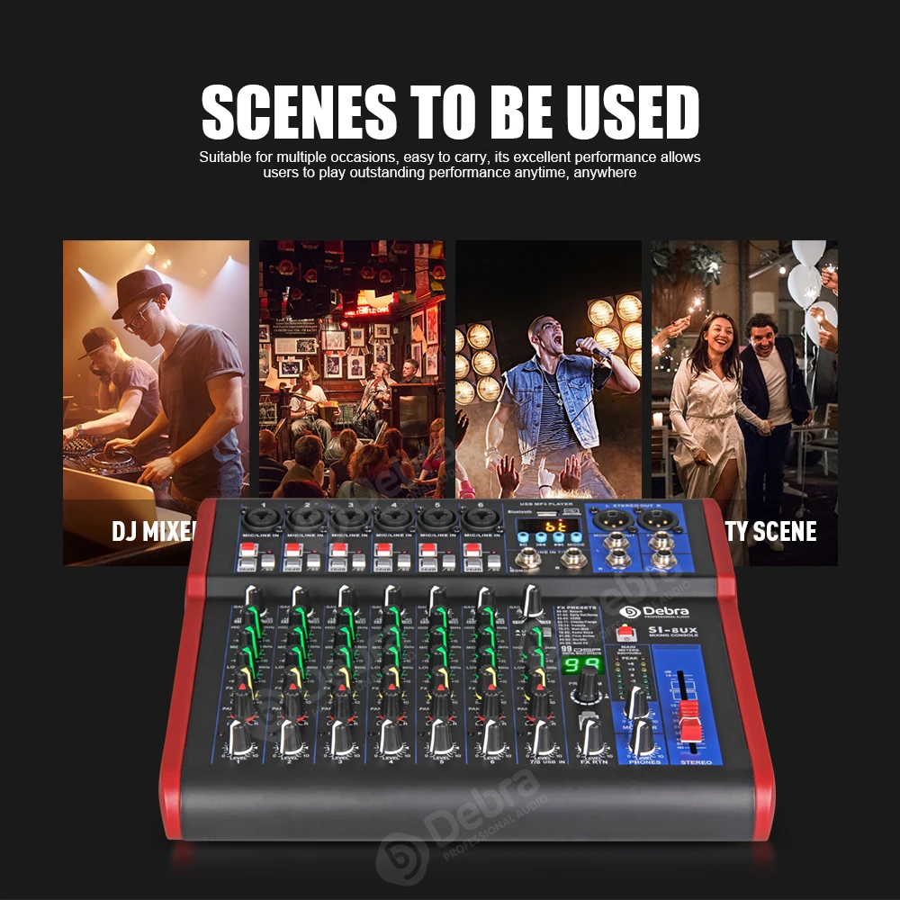 Mixer professionale per console DJ a 8 canali Interfaccia audio 99DSP con connettività Bluetooth per la registrazione musicale Console blu