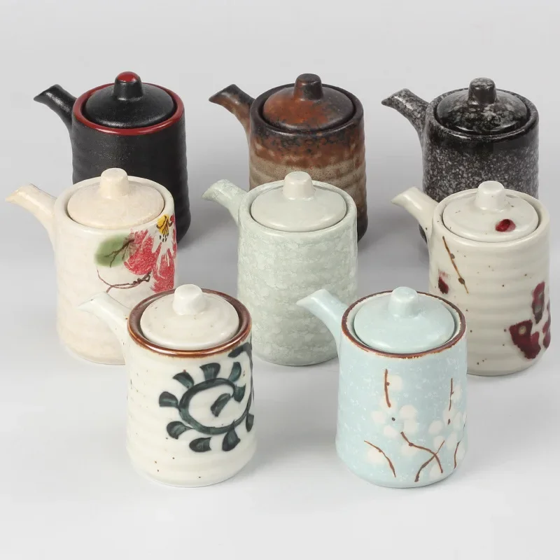 Handmade Ceramic Round Condiment Bottle Japanese Retro Soy Sauce Vinegar Cruet Kitchenware Set