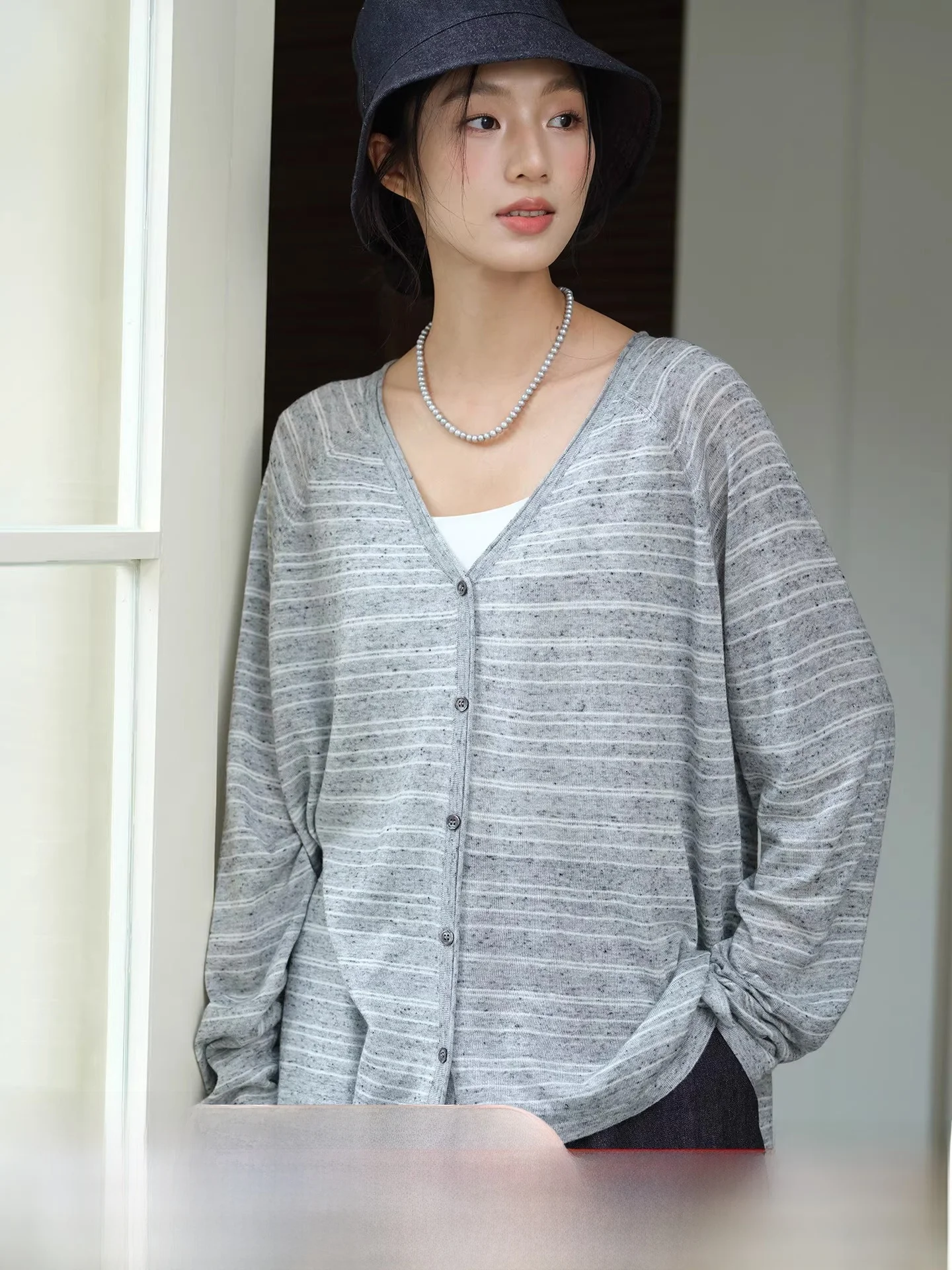 

Limited Edition Linen Wool Knitted Long Sve Striped Open Cardigan Spring 2026 Casual Commute Sle Women's Straight Fit