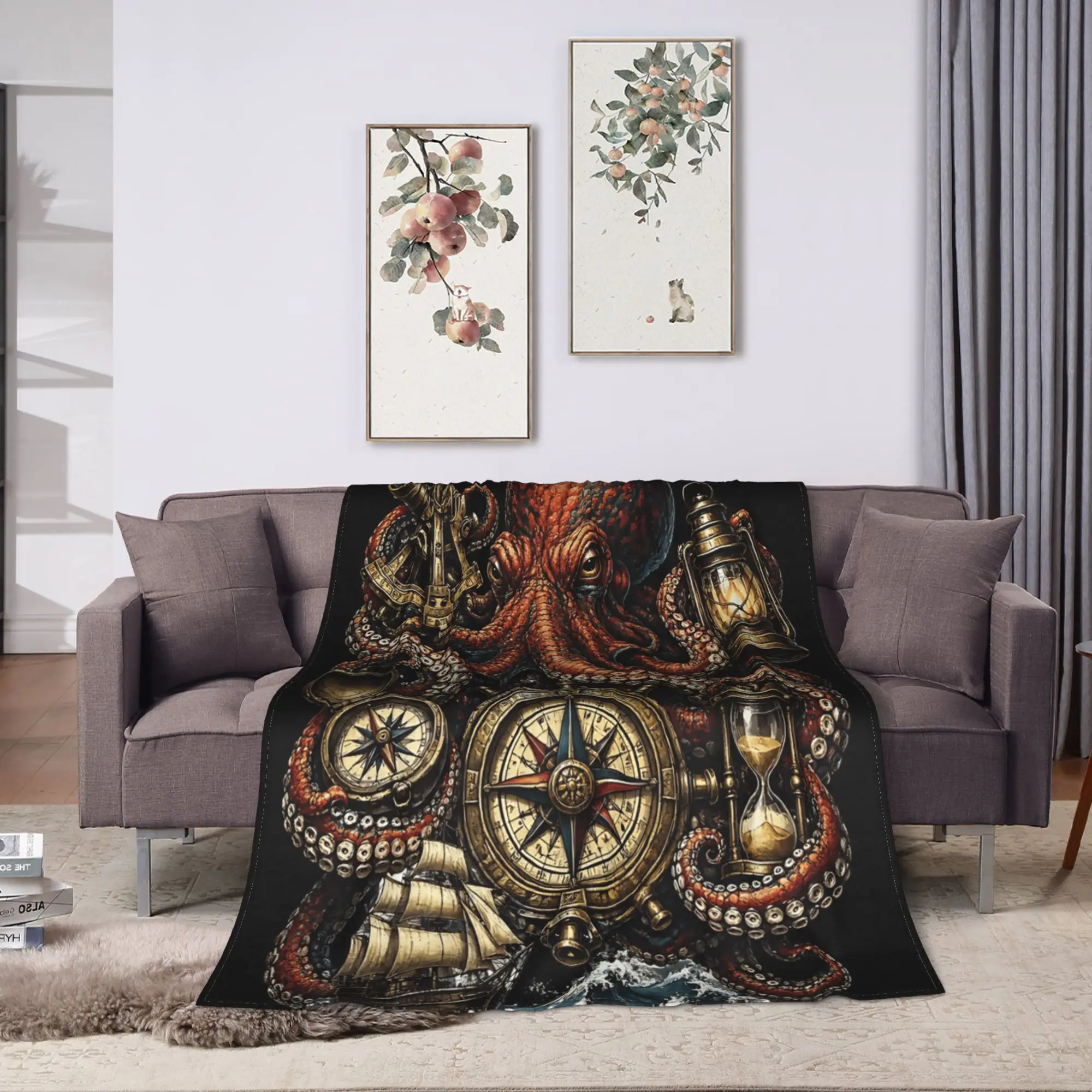 Octopus Nautical Cozy Blanket For Home Decor  Casual Bedding Throws Winter Plane Travel Flannel Bedspread