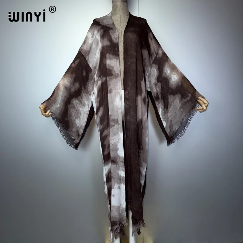 WINYI new Women's Boho Long Sleeve Cardigan Muslim Abaya Tie-Dye Kimono Print Luxury Dubai Style Cover up Kaftan Dress