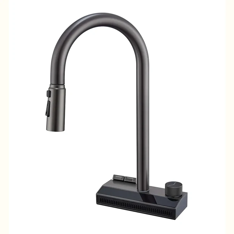 2024 Newest Design High-End Copper Water fall Rainfall Digital Display Revolving Pull-out Kitchen Faucet