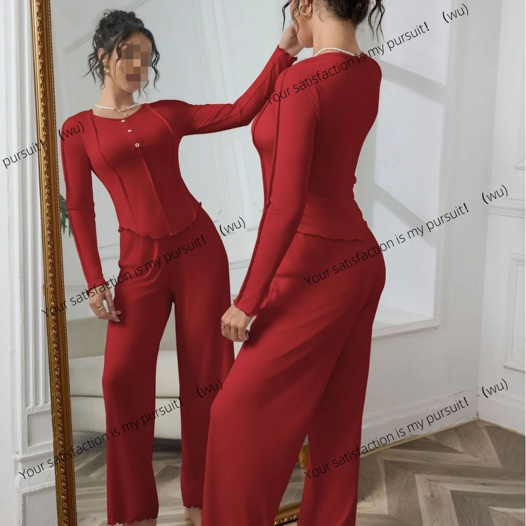 

European and American women's long-sleeved suit, ribbed pit strips, simple and fashionable pajamas
