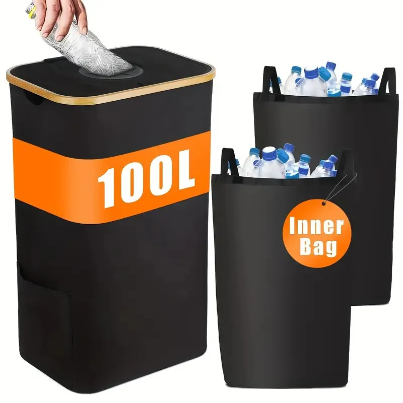 Poubelle de recyclage pliable 100/140L avec couvercle en bambou, conteneur de recyclage en tissu pliable avec sacs intérieurs supplémentaires, panier de recyclage pour bouteilles en plastique de grande taille pour la maison, la cuisine, le garage