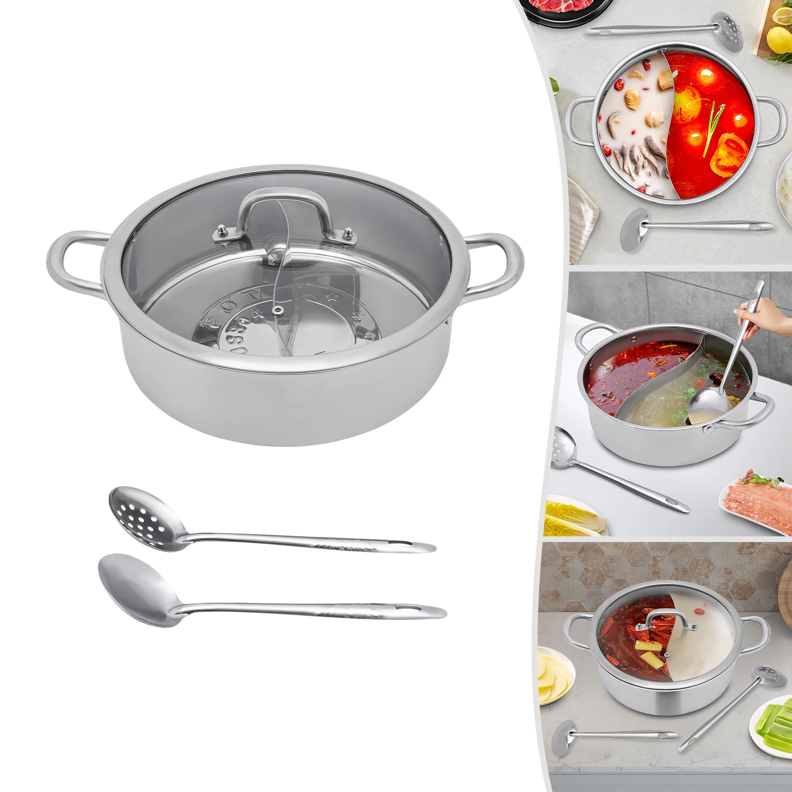 32cm 304 Stainless Steel With Divider Hot Pot With Soup Spoon And Strainer