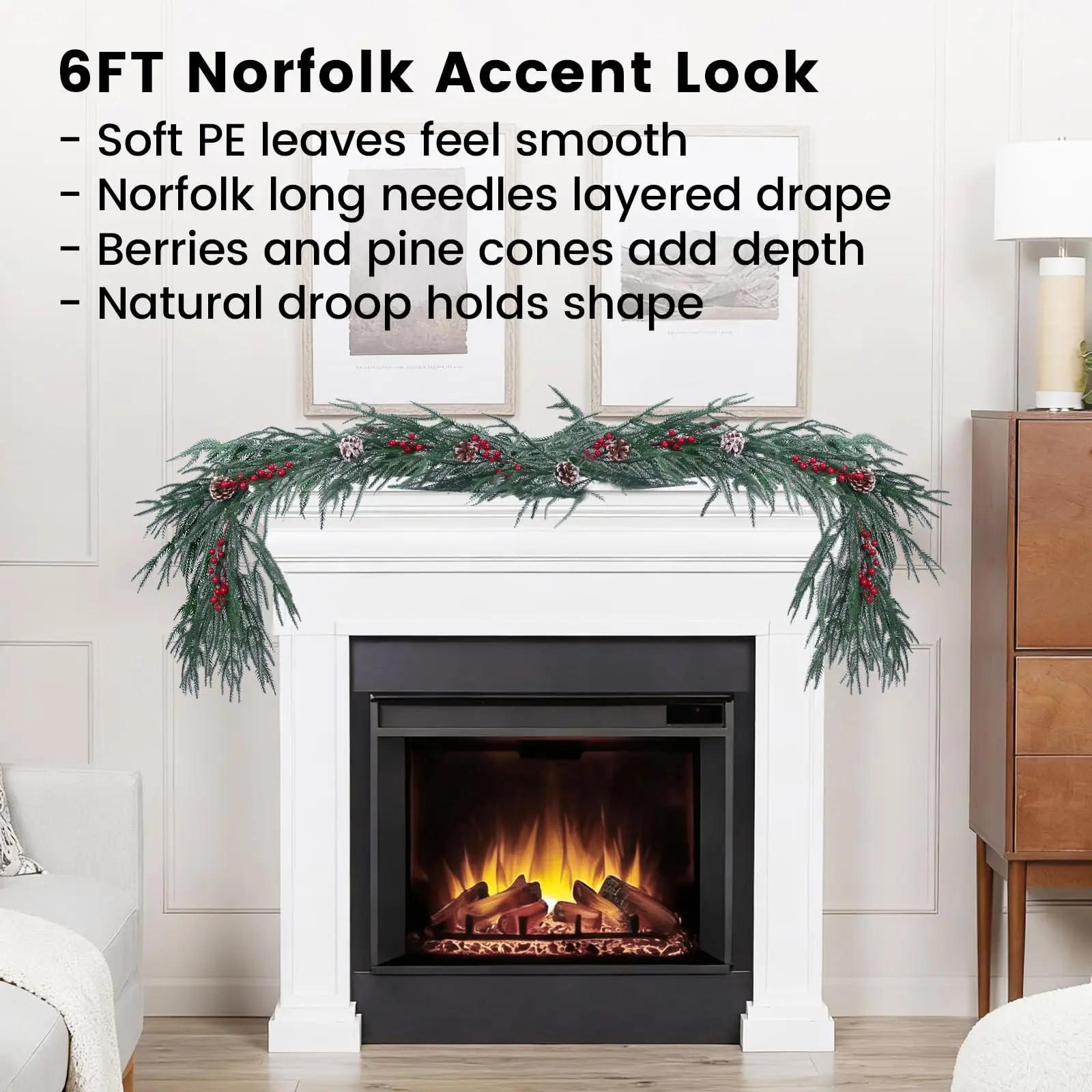 Christmas Garland 6FT – 3 Pack Norfolk Pine with Red Berries & Cedar Balls – Greenery Garland for Indoor Outdoor