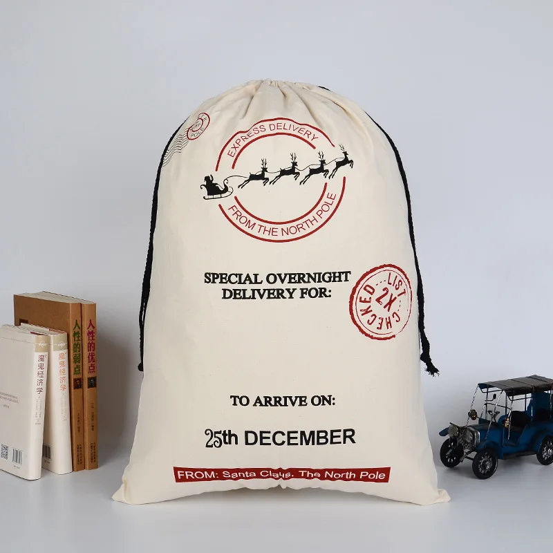 Frohe Weihnachten Süßigkeiten-Geschenktasche Baumwoll-Canvas Weihnachtsstrumpf Santa DIY Kordelzug-Socken für Kinder 50*70cm Große Größe Neujahr – Detail 7