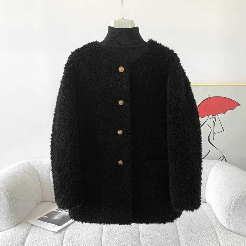 

2024 New Sheep Shearling Round Neck Coat Female Lamb Wool Medium-length Young Fashion Loose Jacket JT468