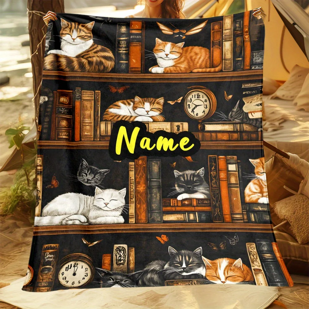 1 قطعة بطانية اسم مخصص مع الكرتون القطط رف الكتب طباعة نمط جميع المواسم المنزل لينة مريحة الفانيلا بطانية غرفة نوم مدرب ديكور #2
