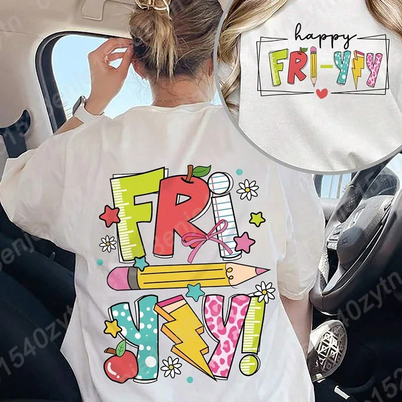 

Happy Friday Print T-Shirts, Women's Letter Print Round Neck Short Sleeve Oversized T-Shirt, Funny Teacher Tees, Oversized Tops