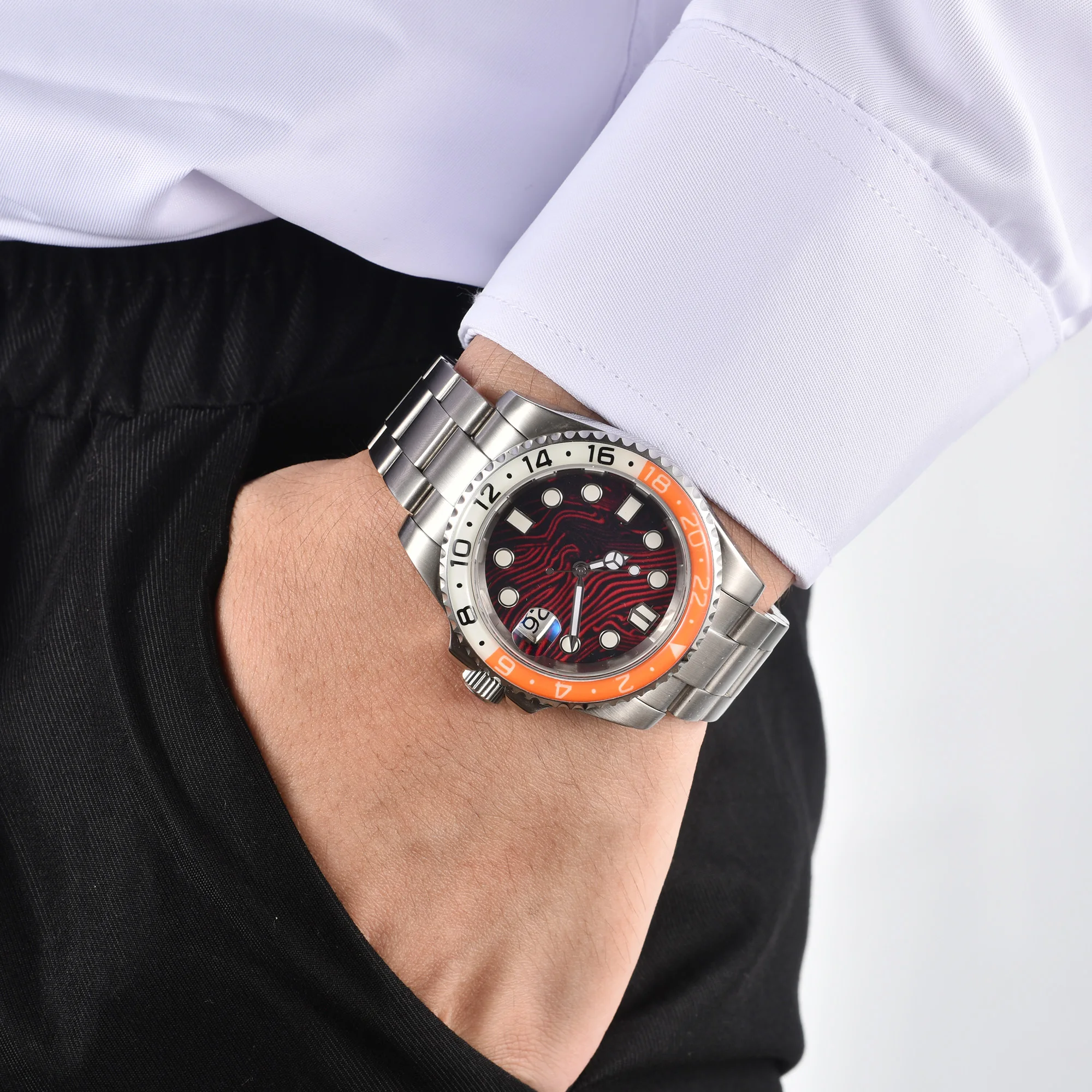 OUMASHI 40mm Red Line Full Night Glow Bezel Men\'s Automatic Mechanical Watch NH35A Stainless Steel Sapphire Glass