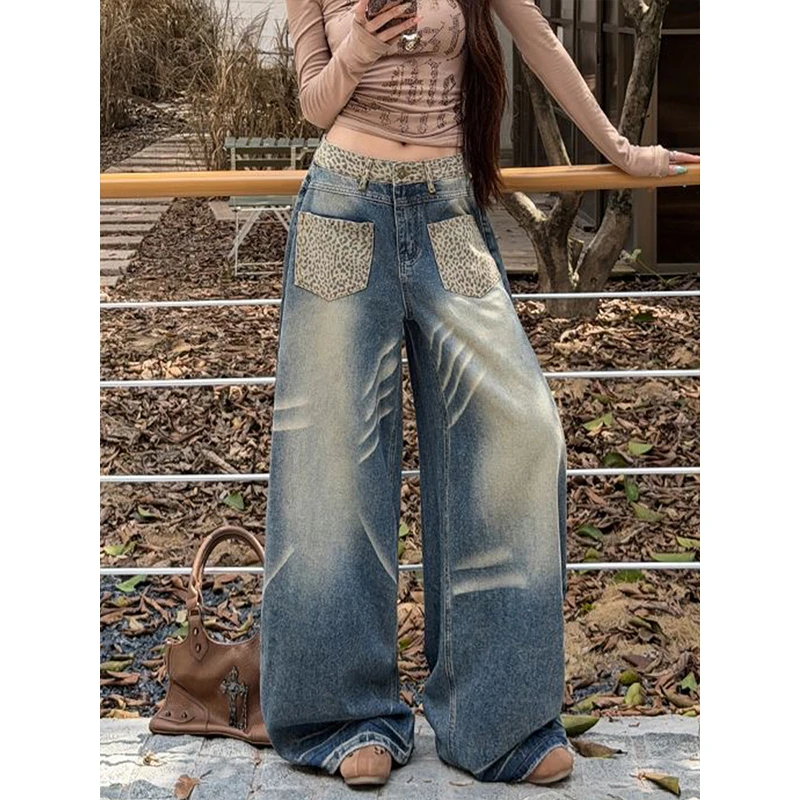 2026 Womens Retro Leopard Print Cuffed Wide Leg Jeans New Autumn Winter High Waist Draped Slim Straight Floor Length Denim Pants